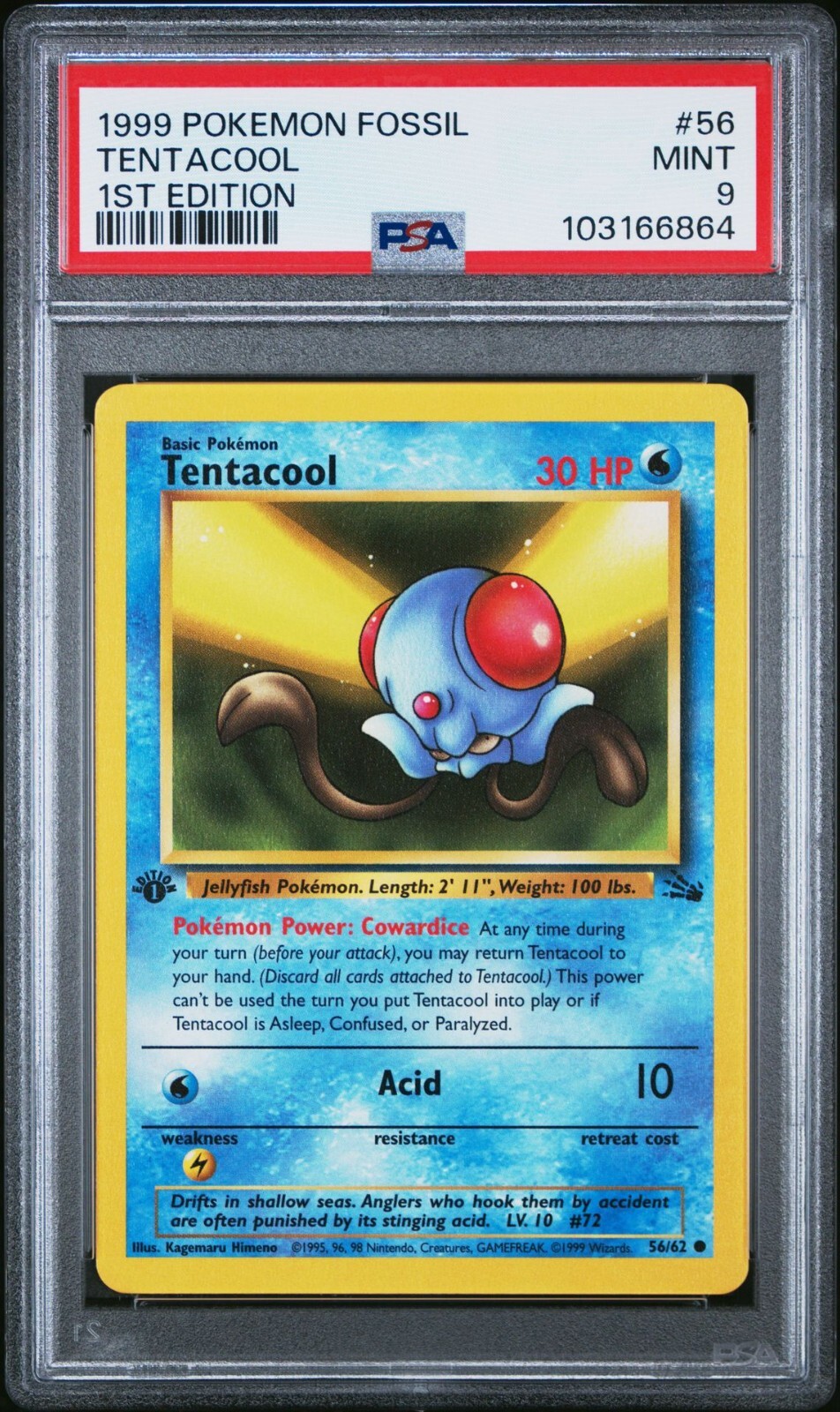 1999 POKEMON FOSSIL 1ST EDITION #56 TENTACOOL PSA 9