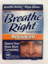 BREATHE RIGHT ADVANCED 10 Clear Nasal Strips Adult Size Nose Band Stop Snoring