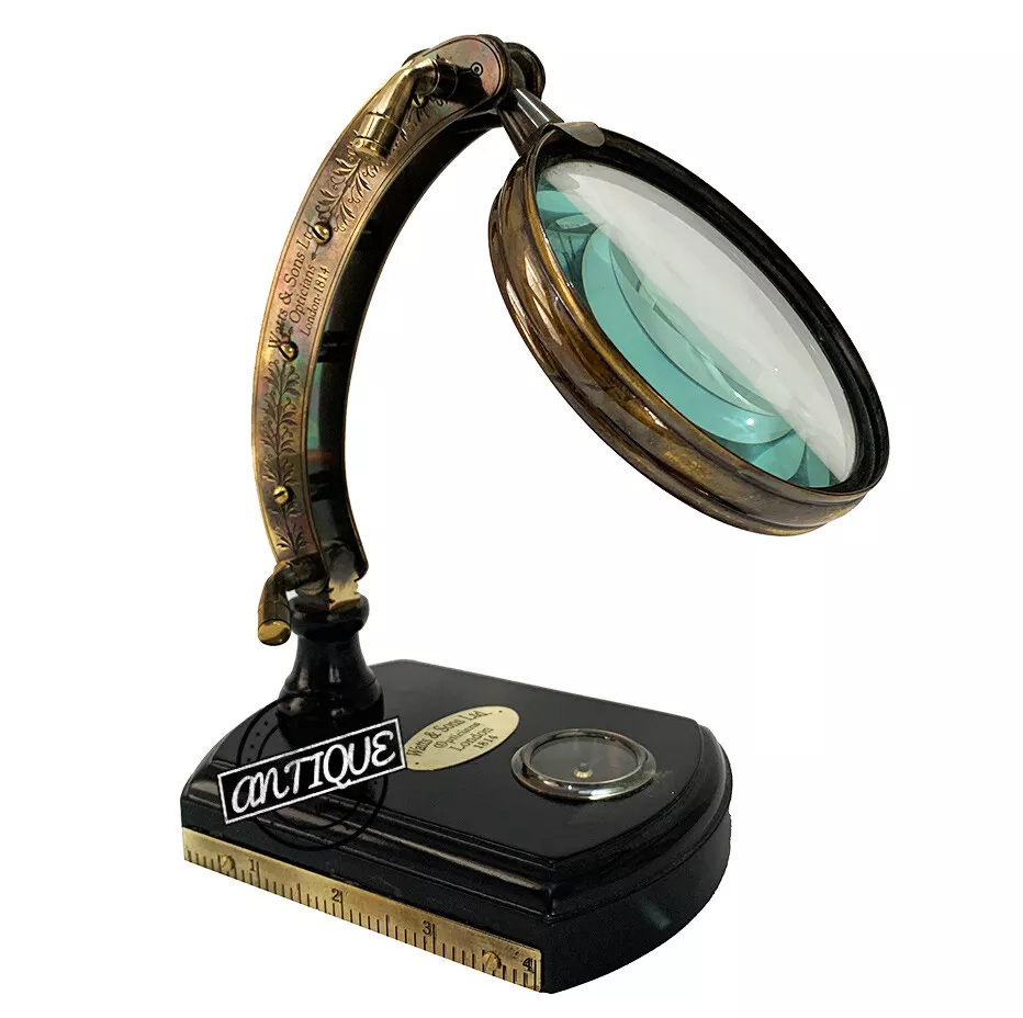 Desktop Magnifying Glass Optical Lens Wood Stand Compass Ruler Vintage London