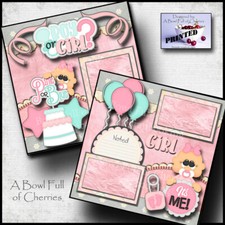 BABY GIRL gender reveal  2 premade scrapbook pages Printed layout Cherry 0173