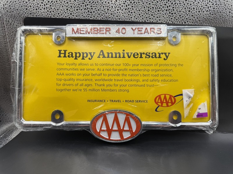 AAA Member 40 Years License Plate Frame still sealed! Chrome with red lettering!