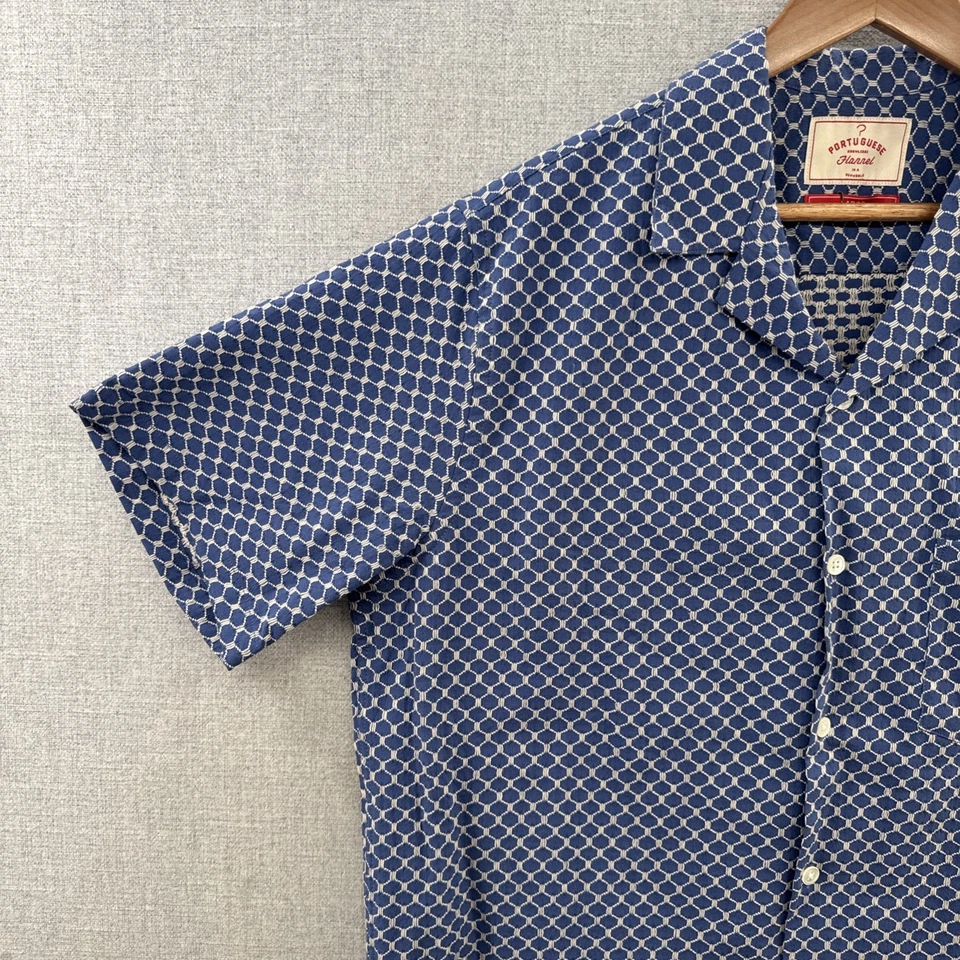 Portuguese Flannel Tile Shirt Large Blue Relaxed Geometric Hawaiian Camp Loop - Image 2 of 4