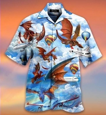 Beach Shirt Hawaiian Aloha Shirts Dragon Hunting Airplane