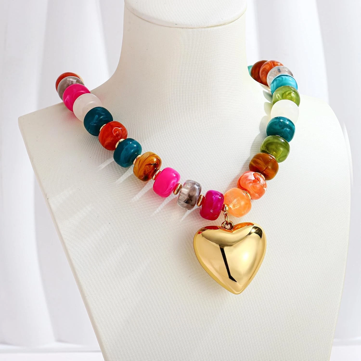 Chunky Heart Necklaces for Women Colorful Resin Beaded Choker - Picture 2 of 24