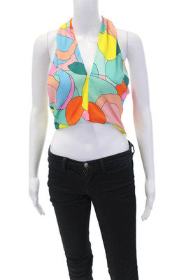 Staud Womens Geometric Sleeveless Cropped Tied Blouse Top Multicolor Size 10