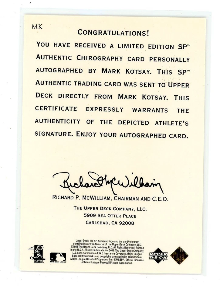 1998 SP Authentic Chirography Mark Kotsay #MK Auto - Image 2 of 2