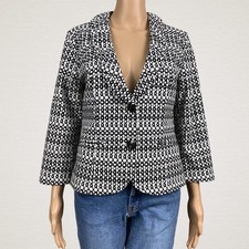 CAbi 298 Du Jour Printed Blazer Jacket Size 6 Black White Ruffled Collar Cotton
