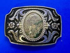 Vintage Stone Cabochon Cab Centerpiece Black Silver Tone Western Belt Buckle