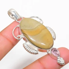 Picture Jasper, Kunzite Gemstone 925 Sterling Silver Jewelry Pendant 2.56"