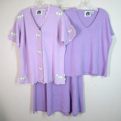 Vtg Storybook Knits 3Pc Set Cardigan Sweater Tank Skirt 1X Lavender Lily Valley