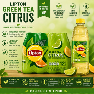 Lipton Green Tea Citrus Iced Tea Drink, 16.9 fl oz, 12 Pack, Caffeinated
