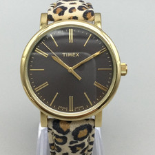 Timex Watch Women 38mm Gold Tone Black Dial Leopard Leather Indiglo Leather Band