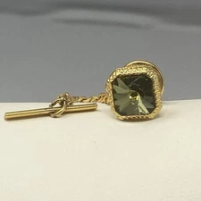 Rhinestone Stud Tie Tack Solitaire Green Olive Glass Stone Rivoli Cut Gold Tone