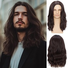 Men Brown Wig Long Curly Shoulder Length Wavy Brown Wig Synthetic Layered for...