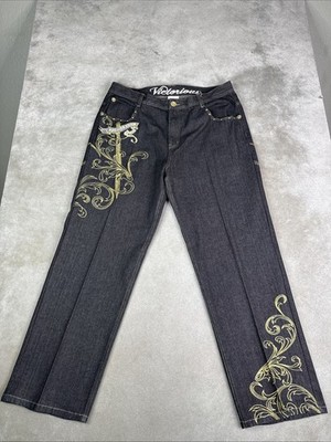 Y2K Victorious Embroidered Baggy Jeans Mens 42 Wing Pocket Streetwear Hip Hop