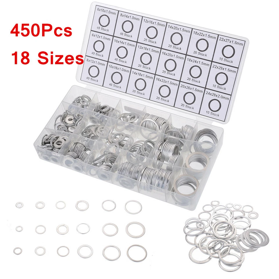 Conjunto de 450 18 tamanhos plugue de drenagem de óleo junta de arruela de alumínio arruela de metal - Imagem 2 de 4