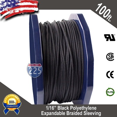 100 FT. 1/16'' Black Expandable Wire Cable Sleeving Sheathing Braided Loom Tubing