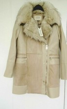 River Island Cream Faux Suede Fitted Coat With Furry Collar Size Uk 16