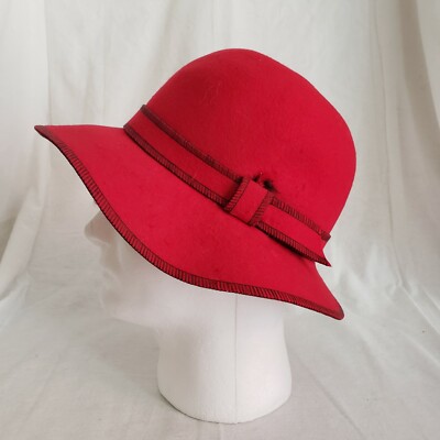 Vintage Betmar New York Red 100% Wool Cloche Hat Bow  display picture 2
