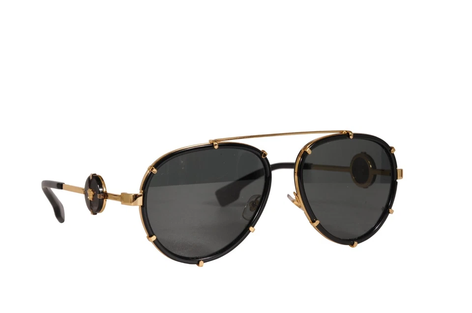 Gafas de sol de aviador Versace para hombre modelo 2232 negras doradas redondas remachadas Foto 2 de 4