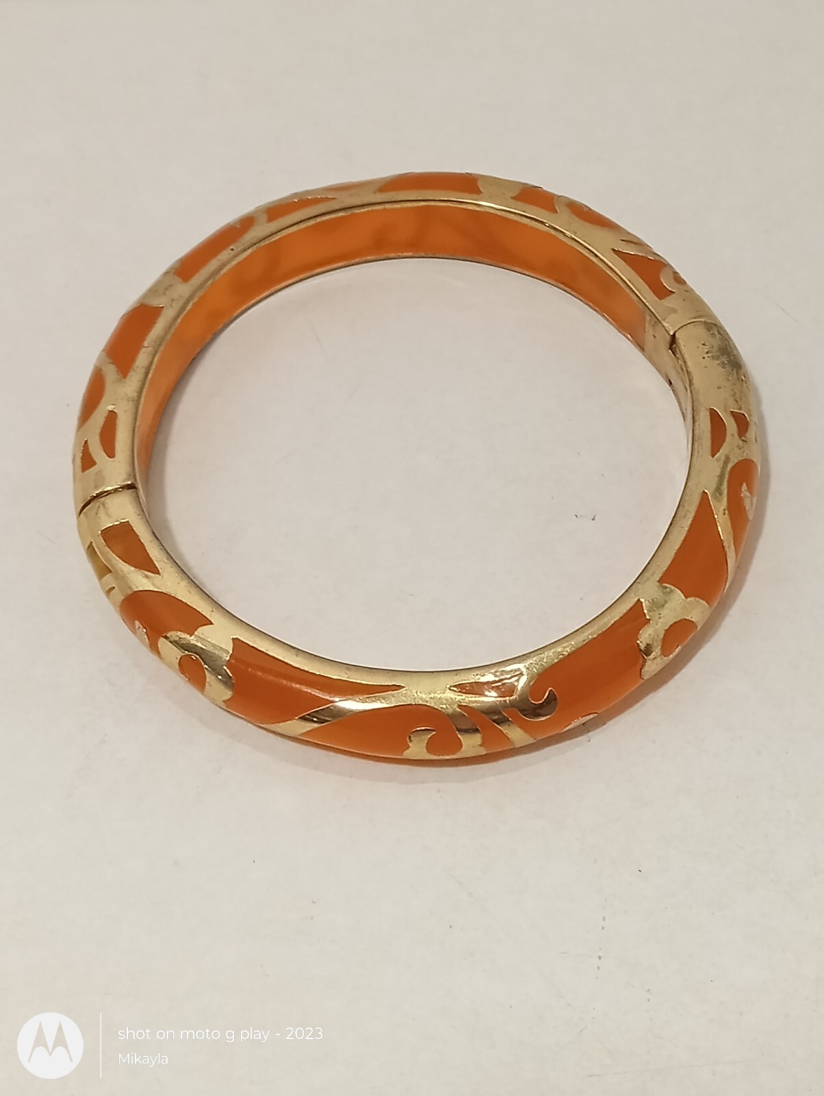 Orange Enamel Scroll Hinged Bangle Bracelet Gold … - image 4