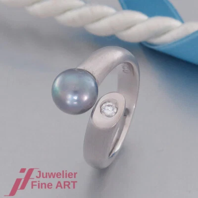 Bague avec 1 perle de Tahiti et 1 brillant (diamant) or blanc 0,11 ct - 14 ca... - Photo 1/4