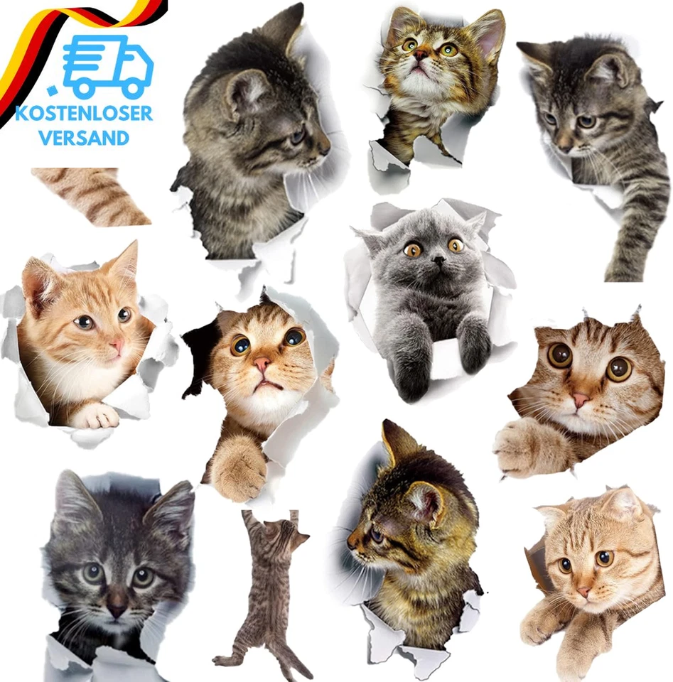 Keboyoe 12 Stück 3D Kombination Katzen Aufkleber Süß 3D Katzen Wandtattoo Kühlsc