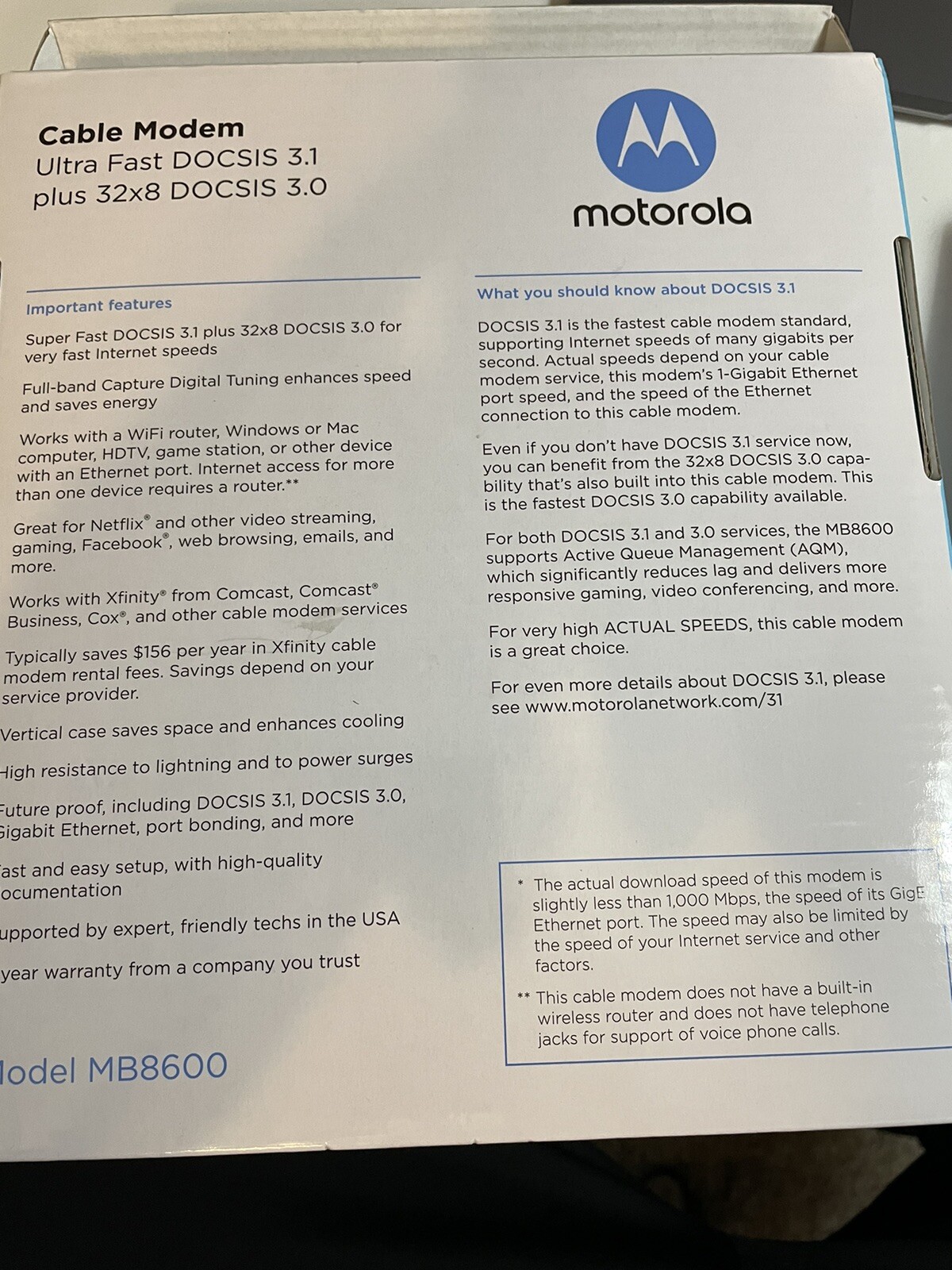 Motorola Cable Modem MB8600 Ultra Fast DOCSIS 3.1 Plus 32x8 - Xfinity Comcast
