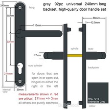 Grey uPVC Door Handle set 92pz sprung 7016 glazing pair patio pvc lever 240mm