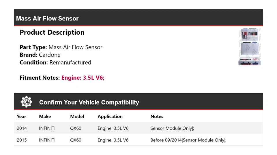 For 2014-2015 INFINITI QX60 3.5L V6 Mass Air Flow Sensor Cardone - Image 2 of 4