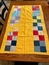 Vintage Handmade 46" x 30" Crib Quilt Vibrant Yellow, Red Blue Fabric.