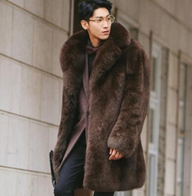 Mens New Faux Fur Coats Warm Casual Mid Length Jacket Thicken Slim Plus  Handsome