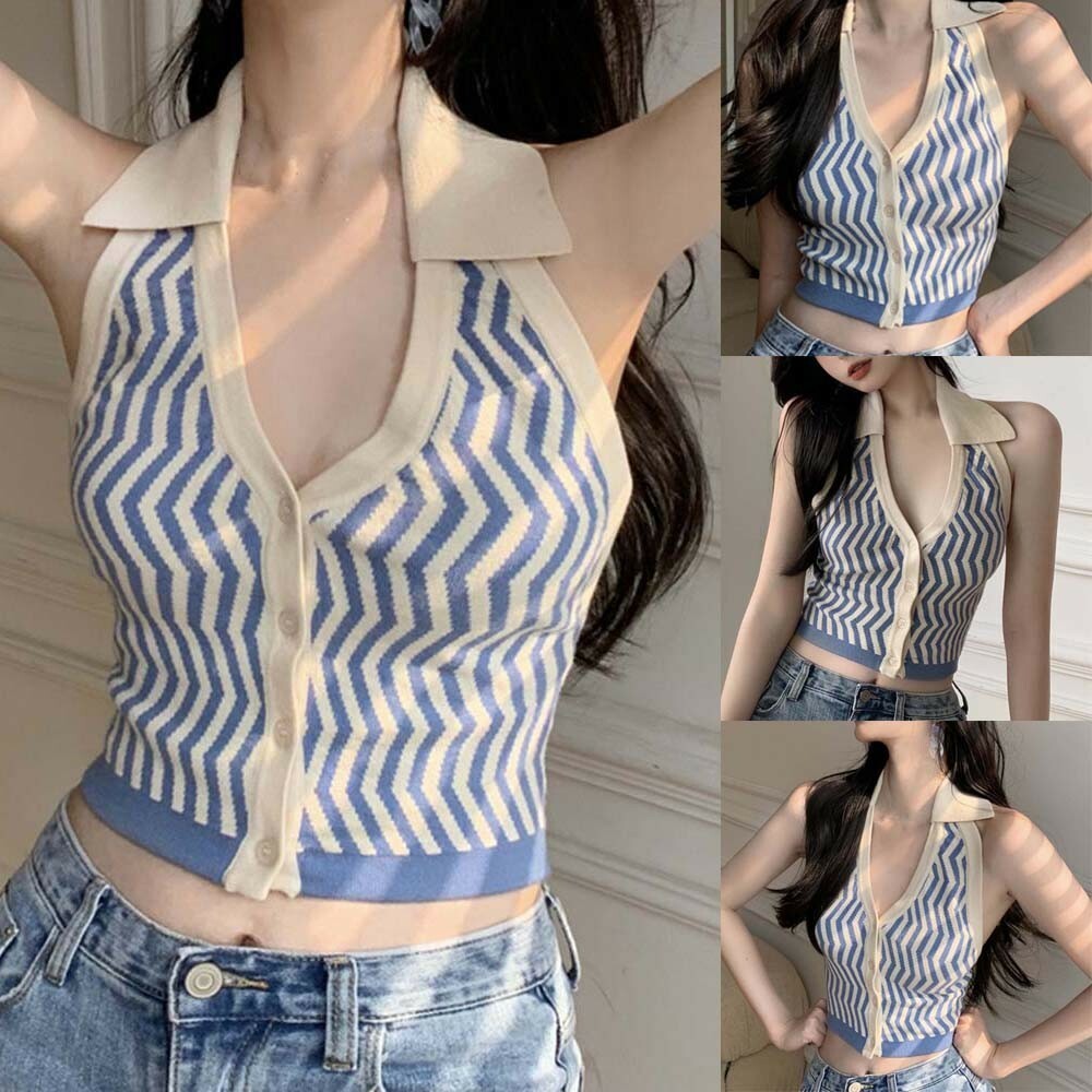 Sleeveless Backless V-Neck Collar Crop Top Vest T-Shirt