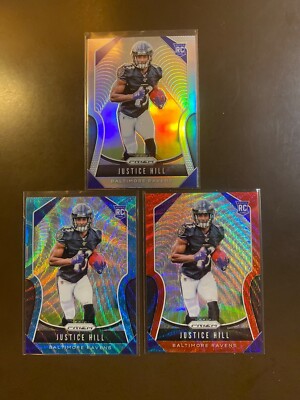 2019 Panini Prizm Justice Hill 3 Card RC Lot Holo, Blue Wave /199, Red Wave /149
