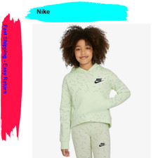 Nike Youth Girl's Sportswear Printed Fleece Hoodie in LimeIce/Black