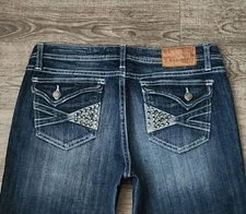 Vigoss Dark Wash Whiskered Distressed Stud Embellished Bootcut Stretch Flap...