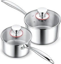 1Qt & 2 Qt Saucepan with Lid, Stainless Steel Tri-Ply Small Cooking Pot Milk Pas