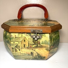 Vintage Wooden Octagonal Box Purse Decoupage Country Water Mill Scene 1970's
