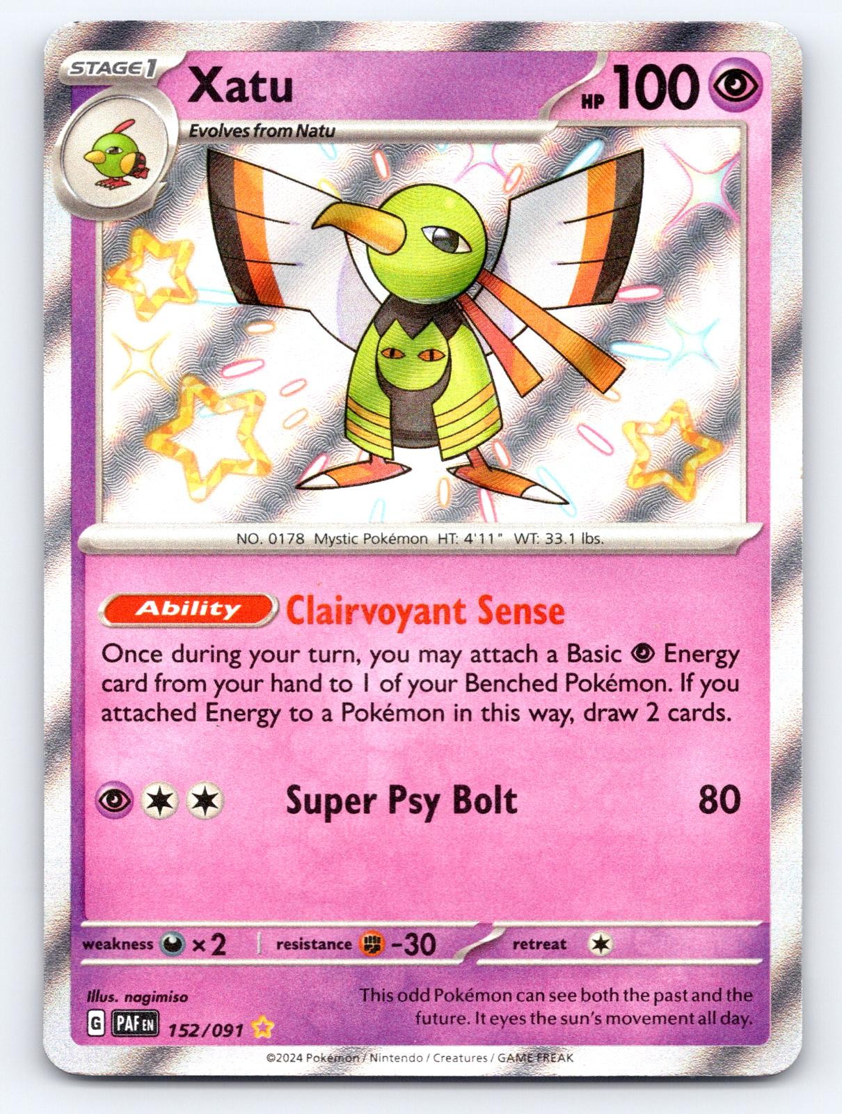 Xatu 152/091 Shiny Rare Paldean Fates Pokemon Holo Lightly Played