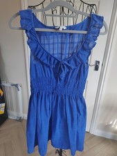 Blue Sleeveless Dress Women’s Ruffle V Neck Shirred Waist Summer Holiday Dress