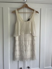 American Eagle Outfitters Ivory Tiered Fringe Mini Dress Size 2 Flapper Y2K Fab