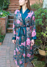 Vintage Victoria  s Secret S Gold Label Sheer Floral Long Robe Teal Pink Roses