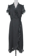 Lulus Dress Womens Large Black White Polka Dot Wrap Ruffle Trim Raw Edges Lined