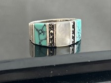Sterling 925 Turquoise Mother Of Pearl Marcasite Ring Size 6.5
