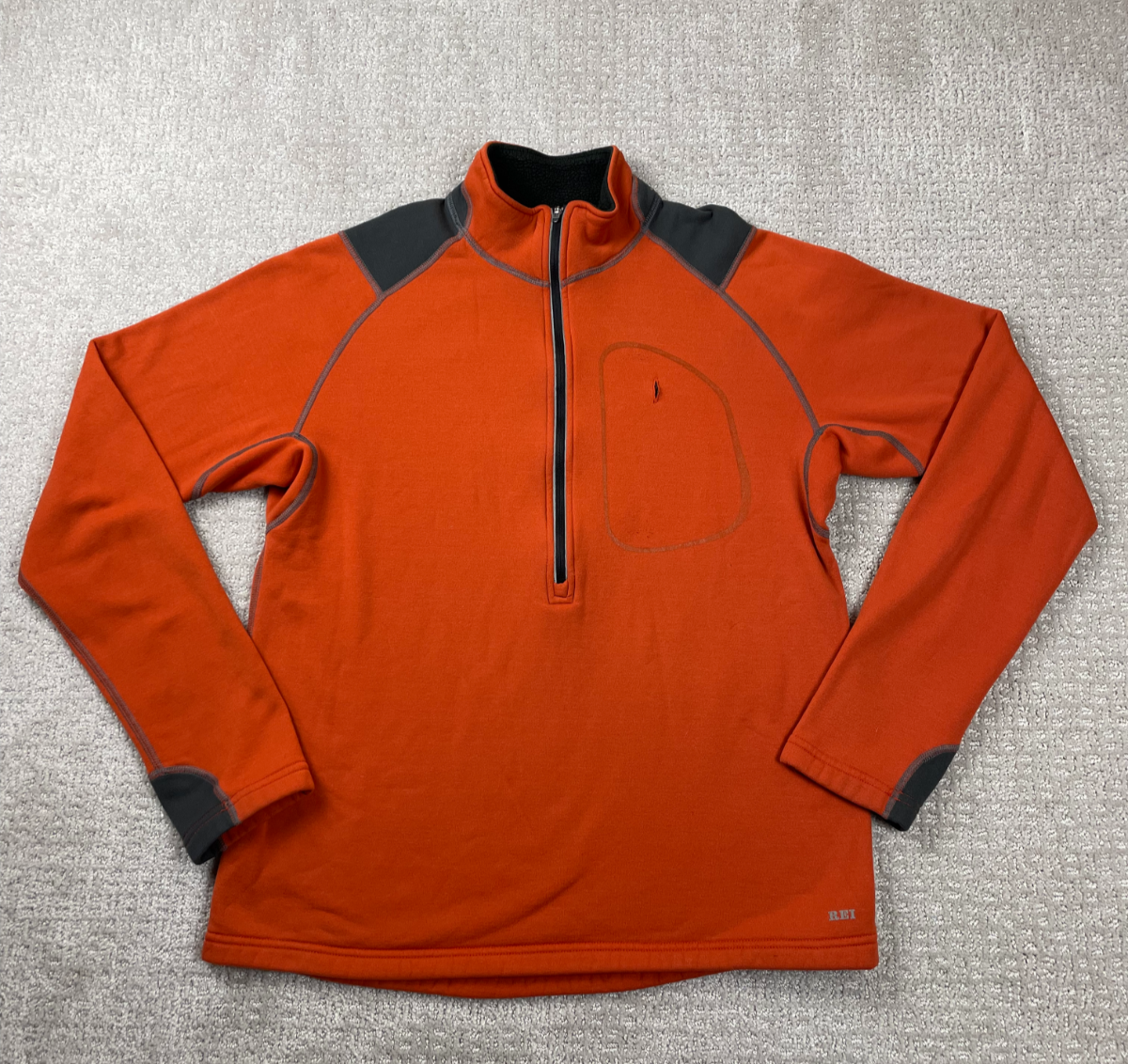 REI Sweater Mens Large Orange Fleece 1/2 Zip Portal Pullover Hiking Layering