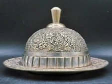 Vintage Caviar Lidded Bowl Silver Style Metal Grape Leaf Design Intricate 