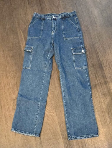 Shein Cargo Jeans Womens Large Blue Denim Utility Straight Leg Carpenter Pants