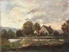 19th Cent. Barbizon School Original Antique Oil Painting Riverscape Village