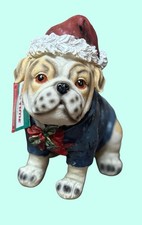 Christmas Bulldog Figurine Wearing Santa Hat  Blue Coat Home Decor CUTE 