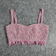 Milly Crop Top Womens 2 Tweed Fringed Bustier Sleeveless Made in USA Pink
